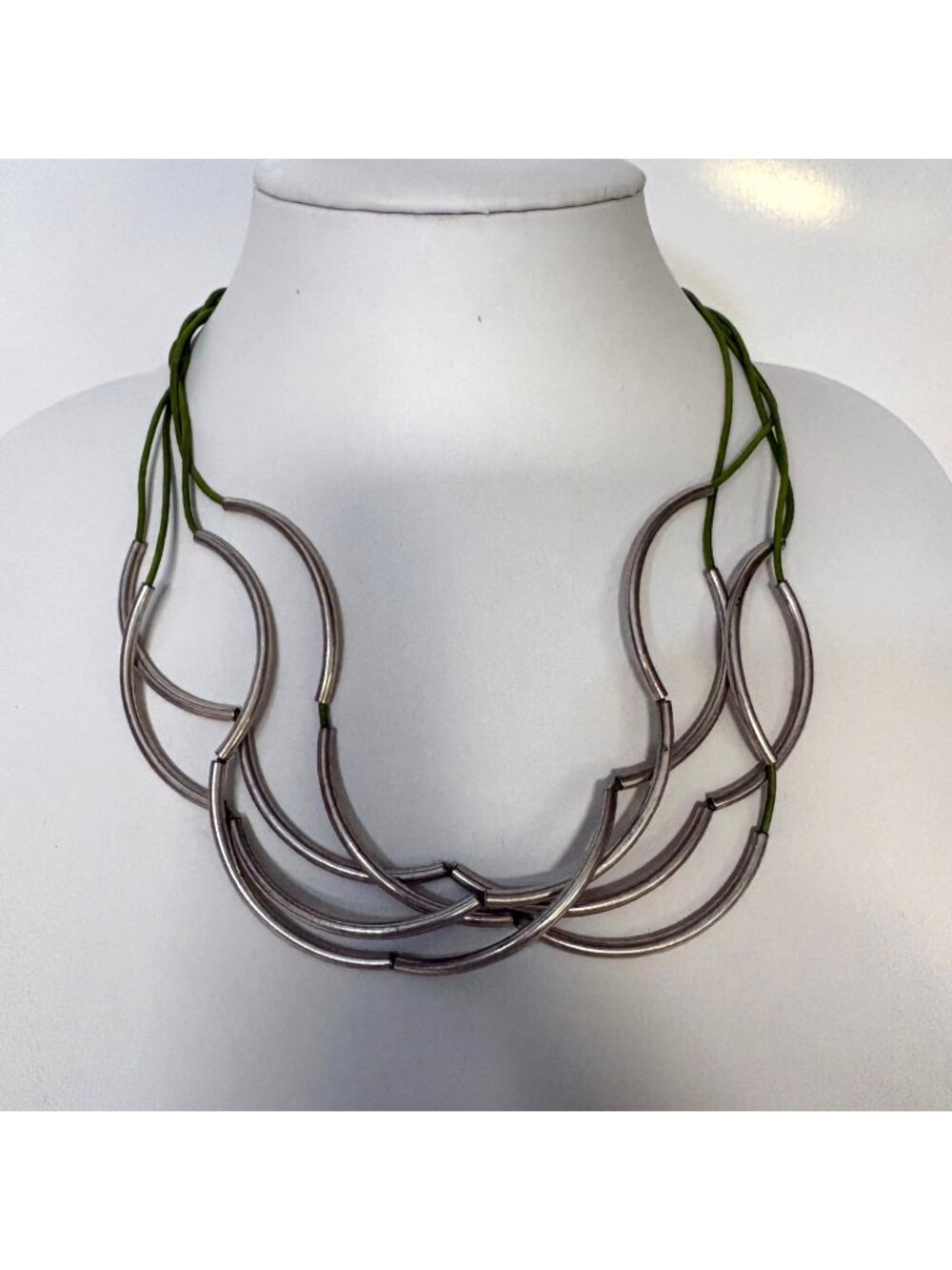 Lizzy James Silver Tone Multi-Strand Necklace Green Cord Artisan Handmade USA